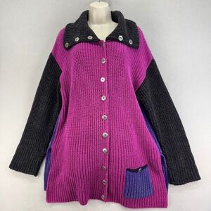 Margaret Winters Sweater Womens L Pink Purple Cardigan Colorblock Lagenlook USA